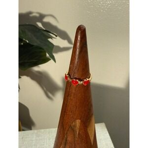 Gold Tone Red Enamel Heart Band Ring with Crystal Accents Size 7 Love Jewelry